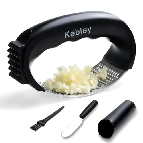 Kebley Garlic Press Rocker Stainless Steel Garlic Crusher, Mincer and Chopper with Peeler and Scraper,brush, Easy Kitchen Gadget for Effortless Smashing