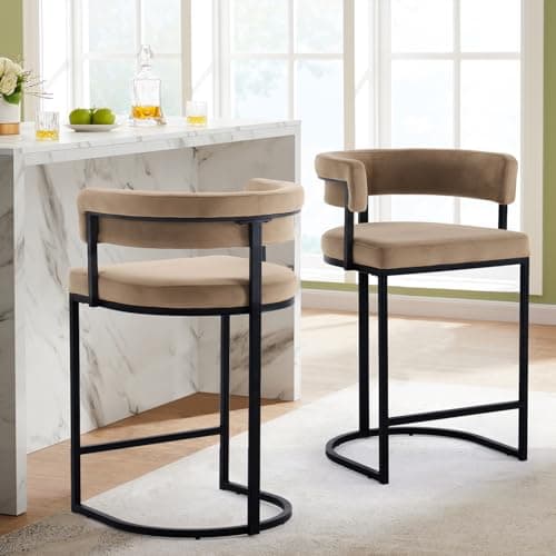Rongbuk Set of 2 Brown Modern Velvet Bar Stools with Barrel Backrest, Upholstered Seat, and Black Metal Footrest – 25.6-Inch Seat Height, Ideal for Counters, Home Bars, and Kitchen Islands