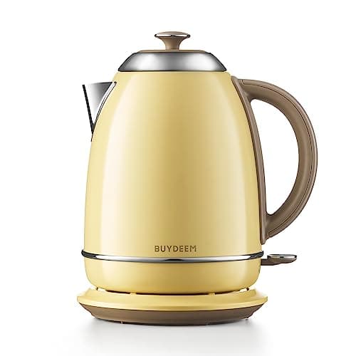 BUYDEEM K640 Stainless Steel Electric Tea Kettle with Auto Shut-Off and Boil Dry Protection, 1.7 Liter Cordless Hot Water Boiler with Swivel Base, 1440W, Mellow Yellow