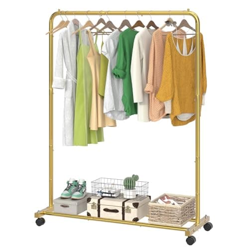 Simple Trending Standard Clothes Clothing Garment Rack with Storage Shelves, Rolling Clothes Organizer on Wheels for Hanging Clothes, Golden Yellow