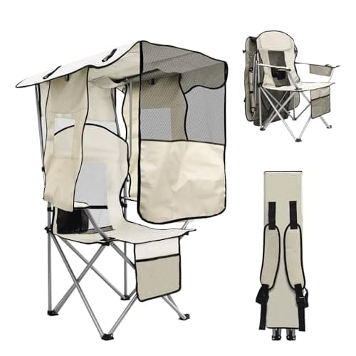 BDL Camping Chair with Canopy Shade Portable Folding Beach Chairs with Cooler, Mesh Backrest, Cup Holder, and Pocket for Camping, Fishing, Beach, and Sports,White