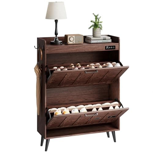 ChooChoo Shoe Storage Cabinet with 2 Flip Drawers, Deodorizing Shoe Organizer Storage for Entryway, Freestanding Hidden Slim Narrow Shoe Rack Cabinet, Walnut 9