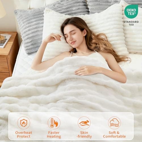 GarveeHome Heated Comforter Queen Size with Wireless Remote & Dual Zone Control, Luxury Faux Fur Electric Bedding Blanket, 6 Heat Levels & Auto Shut-Off, for Couples, Beige 5