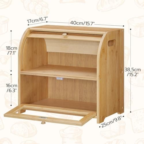 HOOBRO Bread Box, Bamboo Bread Box for Kitchen Countertop, 2 Tier Roll-Top Bread Bin, Food Storage Box, Large Capacity Keeper, Wooden Storage Cabinet, for Kitchen, Dining Room, Natural YL13MB01 6
