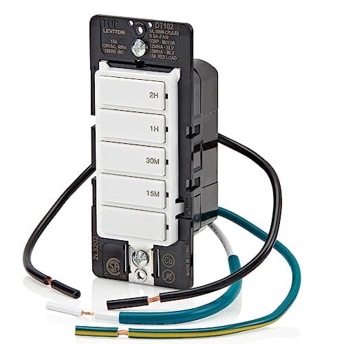 Leviton Countdown Timer Switch for household lights and exhaust fans, 15-30 min, 1-2 hour, No Neutral Wire Required, Single Pole, 15A, 1/2HP/9.8A Fan/Motor, DT102-1LW, White 11