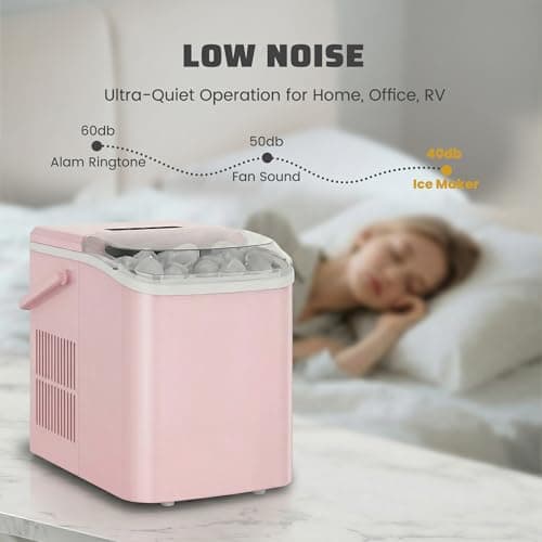 NEWBULIG Ice Makers Countertop with Handle, Portable Ice Machine, 9 Bullet Ice Cubes in 6 Mins, 26lbs in 24Hrs, Auto-Cleaning, with Basket and Scoop, for Home, Kitchen, RV, Camping,Light Pink 7
