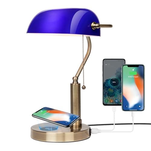 FIRVRE Bankers Lamp with2 USB and Wireless Charging Port，Pull Chain Switch Blue Glass Desk Lamp， E26 Base,Traditional Library Desk Lamps for Home Office,Bedroom,Piano
