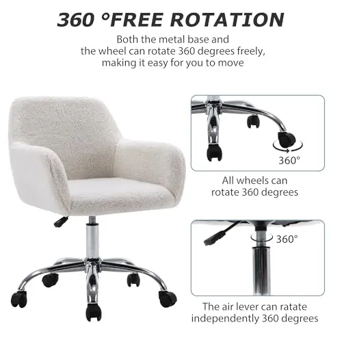 KCC Faux Fur Vanity Makeup Desk Chair, Comfy Fluffy Swivel Modern Leisure Armchair with Wheels, Upholstered Fuzzy Height Adjustable for Teens Women Girls Elegant Home Office 5