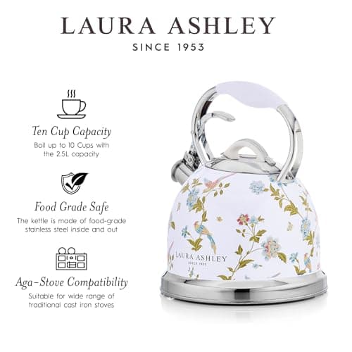 VQ Laura Ashley Elveden White 3L Stainless Steel Tea Kettle Stovetop Whistling Teapot for Induction, Gas Hob or others. Silicon Coated Cool Handle & Push Button Mechanism Vintage Stove Top Kettle 4