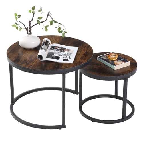 Uisoal Round Coffee Table Set of 2, Nesting Tables with Metal Frame, Center Table for Living Room, Rustic Brown Furniture, 23.62"" D X 23.62"" W X 18.1"" H, CJT02405