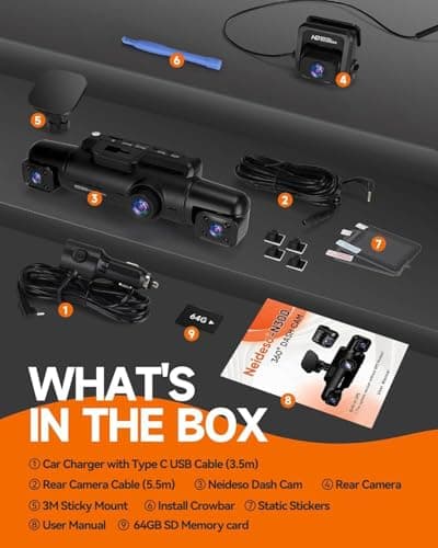 Neideso 360° Dash Cam Front and Rear Inside, 4 Channel FHD 4 * 1080P, Wi-Fi GPS Voice Control Car Camera, Front 2K+1080P*2 Dash Camera for Cars, with 64GB SD Card, Night Vision, 24H Parking Mode(N300) 8