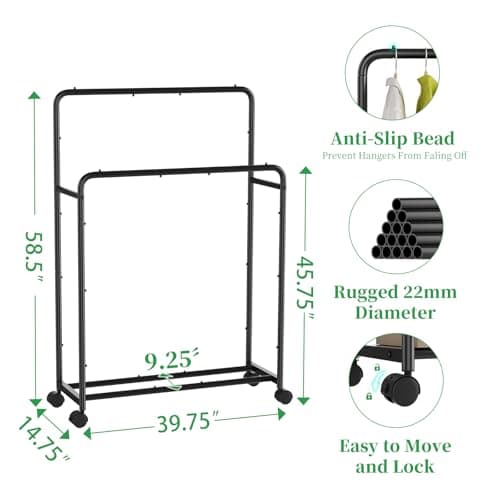 Simple Trending Clothing Clothes Rack Double Rods with Wheels, Rolling Metal Garment Rack for Hanging, Black 5