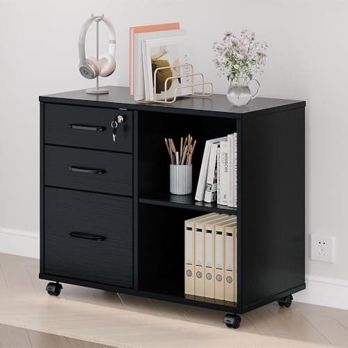 Panana 3 Drawer Office File Cabinets, Mobile Lateral Printer Stand with Open Storage Shelf, Rolling Filing Cabinet with Wheels Home Office Organization and Storage (Black) 10