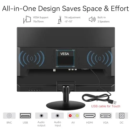 Thinlerain Touchscreen Monitor 19 Inch, 10-Point Multi Touch Screen Monitor 1440×900 HD Display with HDMI VGA AV BNC USB Ports, VESA, Build-in Speakers for POS, Office, and Industrial Use 6