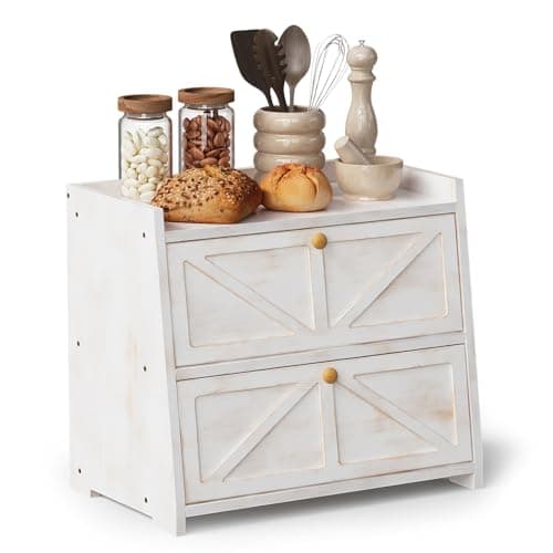 Trironsun Vintage Double Layer Bread Box for Kitchen Counter Bamboo Bread Storage Container Large Capacity Bread Storage Bin (Antique White)