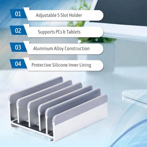 Elestoria 5- Slot Vertical Laptop Stand - Aluminum Laptop Stand Vertical for Desk - Adjustable Width (12-38mm) Fits MacBook Pro/Air, Surface & Gaming Laptops upto 17.3"-Heavy Duty Laptop Holder-Silver 9