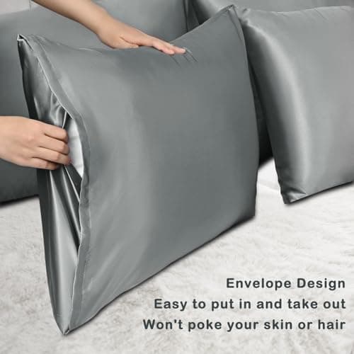 Silky Soft Satin Pillowcase Set of 2 for Women's Hair and Skin, Silk Satin Pillowcase with Envelope Closure (Dark Gray, 20x26 Inches) 5