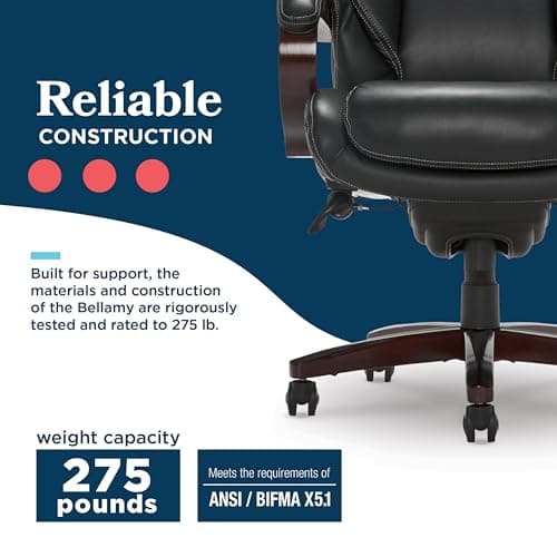 La-Z-Boy® Bellamy Executive Office Chair with Memory Foam Cushions, Real Wood Arms and Swivel Base, Waterfall Seat Edge, Faux Bonded Leather, Black 11