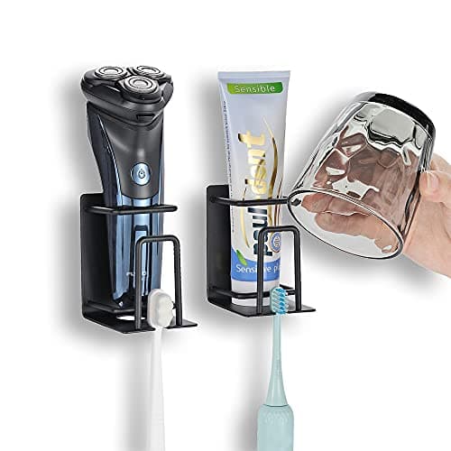 2 Pack Mini Self Adhesive Wall Mount Toothbrush Holder Stainless Steel Bathroom Stand Hold Razor Toothpaste Electric Toothbrush Holder(Black)