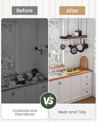 CHOEZON 31.7-Inch Hanging Pot Rack, Space-Saving Pot Hanger for Kitchen, Ceiling Pan Hanging Rack with 16 Detachable S Hooks, Sturdy Metal Frame, Industrial Style, Rustic Brown and Black TPR09BF 5