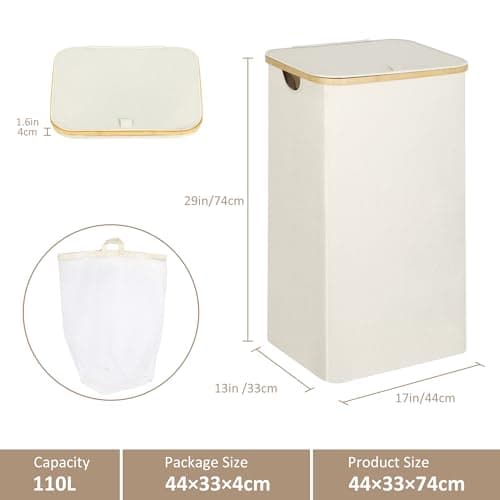 iEGrow Laundry Basket with Lid, 110L Large Laundry Hamper with Handle and Lid, Collapsible Clothes Basket Organizer with Removable Inner Bag for Clothes Toys Towels - Beige 6