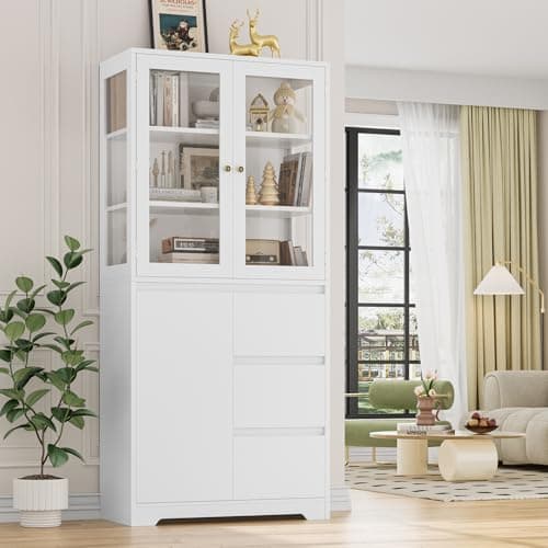 HIFIT 71" Large Bookcase with Glass Display Cabinet and 3 Tier Wide Book Shelves, Tall Bookshelf with 3 Storage Drawers, China Cabinet with Glass Doors for Kitchen and Dining Living Room Office, White