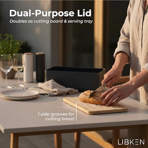 LIBKEN Bread Box – Extra Thick Steel Bread Bin with Bamboo Cutting Board Lid & Drawstring Bread Bag - Modern Scandinavian Metal Box for Kitchen Countertop, Sourdough & Homemade Bread - Black 5