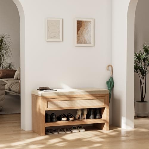 astimey 32” Shoe Bench with Storage Drawer, Farmhouse Entryway Bench with Linen Seat Cushion, Wooden Shoe Rack with Shelf for Entryway Hallway Living Room Bedroom, Oak 6