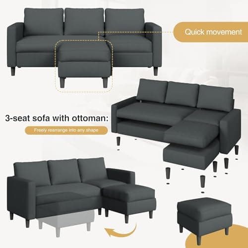JAMFLY 3-Seat Convertible L-Shaped Sectional Sofa with Reversible Ottoman, Upholstered Fabric Couch for Small Living Rooms, Modern Modular Couch for Apartment, Studio & Loft, Grey 5