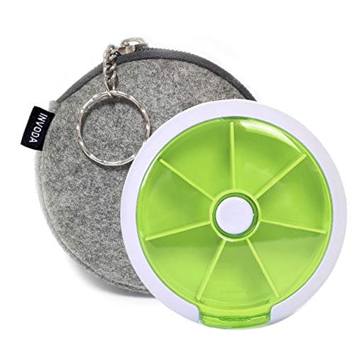 Pill Organizer Weekly,INVODA Pill Case 7 Day 3 Times Medicine Pill Dispenser,Push Button Rotate Pill Planner with 7 Compartments (Green+Dark Grey Bag)