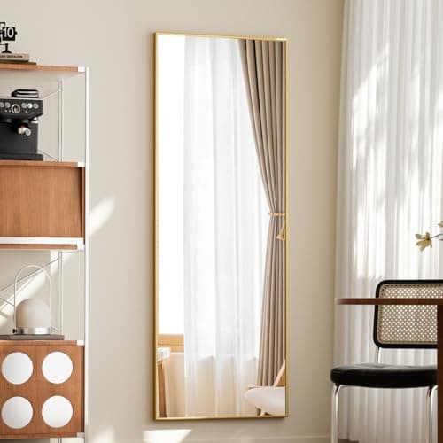 BEAUTYPEAK Full Length Mirror with Stand, 56"x21" Floor Mirror with Aluminum Alloy Thin Frame, ShatterVue Tempered Full Body Mirrors, Free Standing or Wall-Mounted Mirrors for Living Room, Gold 6