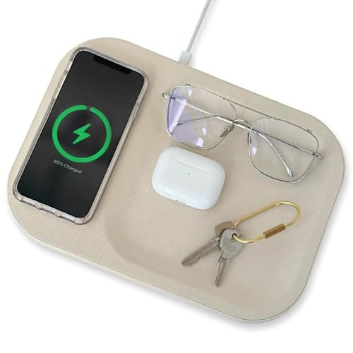 Behaus Charge All Multi-Device Wireless Charger Tray, Vegan Leather, Charging Tray, Compatible with iPhone 15, 14, 13, 12, 11, X, SE, Galaxy S21, S20, Note, AirPods/Pro (Cream)