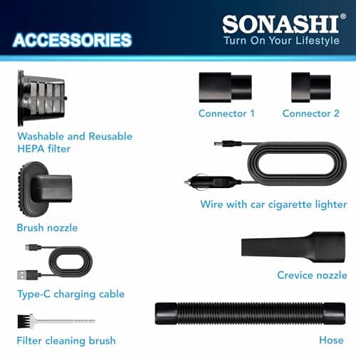 Sonashi Handheld Wet Dry Vacuum Cleaner 6000PA Suction, Dual HEPA Filters, Quick USB Charging - Portable for Automobile and Home Cleaning LED Light Portable Vacuum Cordless 6