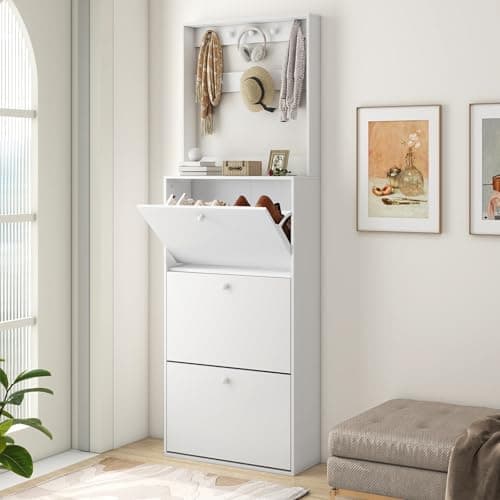 YMBSBUY Shoe Storage Cabinet with 3 Flip Drawers, Narrow Shoe Cabinet with 9 Hooks Coat Rack, Freestanding Slim Shoe Storage Organizer for Entryway, Hallway, Entrance, Bedroom, Living Room, White
