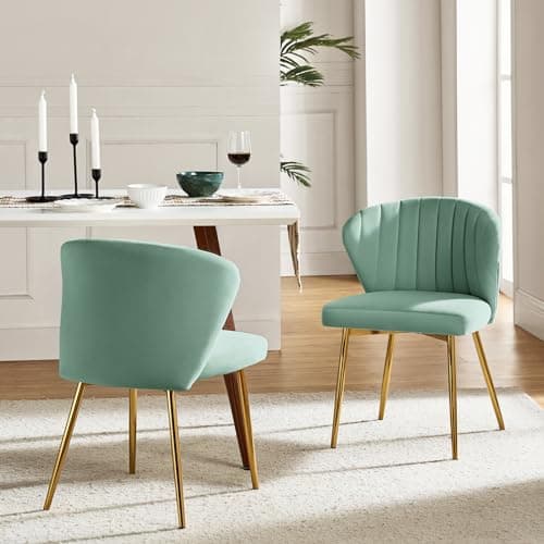 HULALA HOME Velvet Dining Chairs, Modern Small Armless Accent Chair with Gold Metal Legs, Living Room Upholstered Cute Side Chair, Elegant Tufted Back Vanity Chair for Bedroom/Beauty Room-SAGE 8