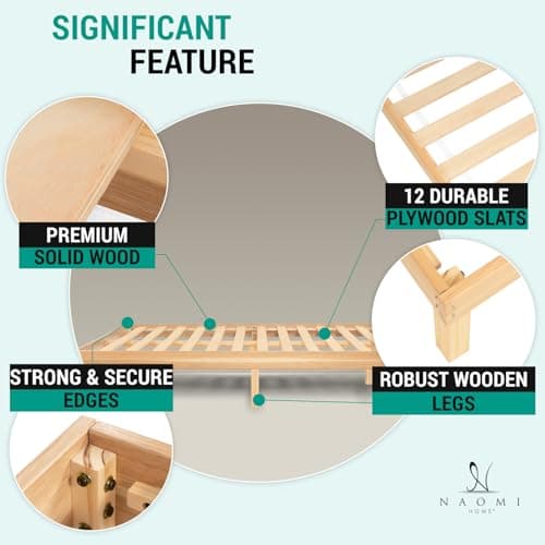 Naomi Home Lucia 14 Inch Solid Wood Platform Bed Queen Bed Frame, Pine Wood Queen Platform Bed Frame, No Squeak Bed Frame, Bed Frame Queen Size, No Box Spring Needed, Sturdy Bed Frame - Natural 5