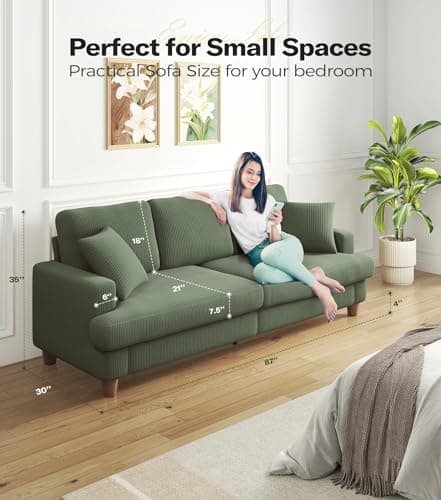 87in Corduroy Couch, Kidirect Sofa No Tool Assembly, Comfy Couches for Living Room 21in Deeper Seats, Corduroy Sofas for Living Room with 2 Pillows, Oversized Loveseat Sofa, Boho Love Seat Green Couch 7