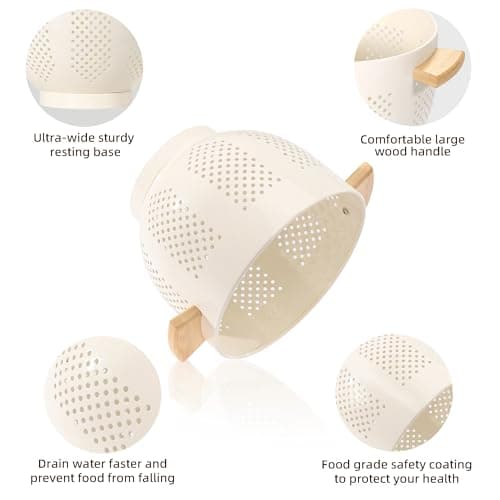 Metal Colander with Wood Handle and Stable Base, 5.5 Quart Powder Coated Steel Kitchen Strainer Basket for Draining Pasta, Vegetable and fruit,Cream 5