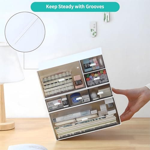 OSteed Desk Craft Organizer and Storage with 7 Flat Drawers, Stackable Plastic Desktop Accessories & Workspace Organizer for Office Stationary, Makeup Skincare, Sanitation Supplies, White 9