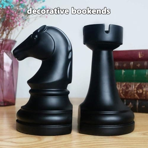 Decorative Bookends Chess Bookends, Black Book Ends Heavy Book Supports, Unique Bookends Decor for Office Home Desk Bookrack, 7"(L) x4(W) x7(H), 1Pair/2Piece 5