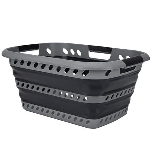 Laundry 360 Collapsible Laundry Basket | Portable | Space Saver Storage | Hold 2 Loads | Store Under the Bed or Closet | Good for Kids | Dorm | Bedroom | Large | Grey/Black