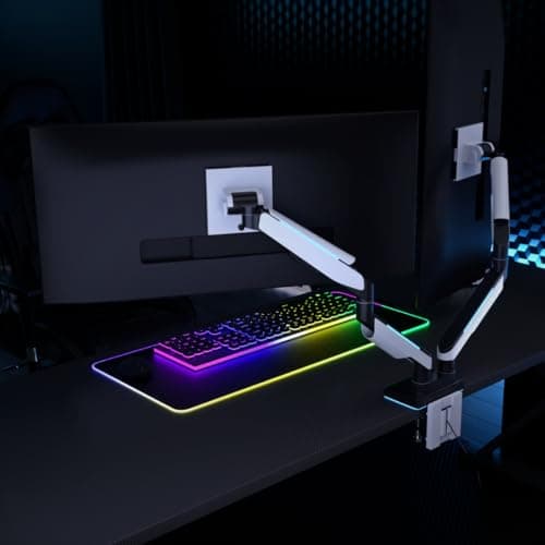 Mount-It! Heavy Duty Dual Monitor Arm up to 35 in. 44 lbs Screens, RGB Lights, 75x75 100x100 VESA Desk Mount for 2 Widescreen Curved Monitors 27 32 34 35 inches, Gas Spring, Clamp, Grommet, RGB Lights 7