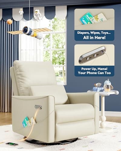 Power Swivel Rocker Recliner Chair for Adults, Glider Nursery Reclining Chair with Lumbar Support, Electric Recliner with USB Type-C Ports, Rocking Recliner for Living Room, Nursery 7