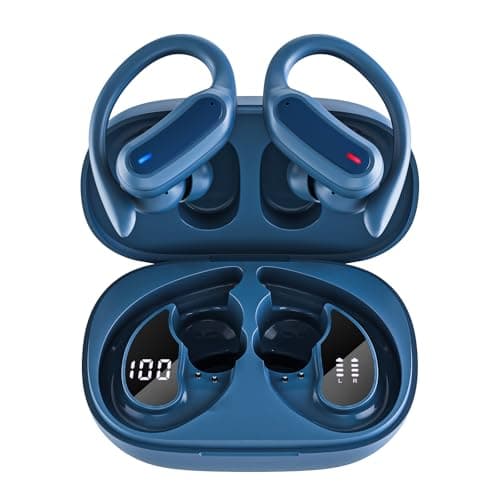 TRAUSI Wireless Earbuds Bluetooth Headphones, Bluetooth 5.3 Stereo Over Ear Buds,Noise Cancelling Mic, IP7 Waterproof Headset for Running/Workout - Navy Blue
