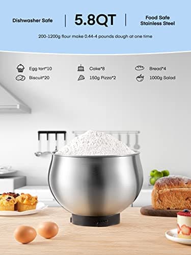 Stand Mixer FOHERE, 5.8 QT Stainless Steel Mixer with Dough Hook, Mixing Beater, Wire Whip, Dishwasher-safe, 6+P Speeds Tilt-Head Kitchen Dough Mixers for Cake, Electric Home Cooking Kitchen Mixer 7