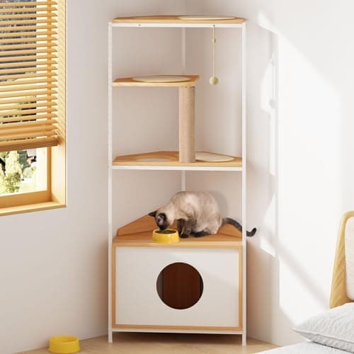 Modern Large Corner Cat Tree Tower with Scratching Post, Cat Tree Condo with Feeding Station and Climbing Platforms for Indoor Cats Multi-Level Cat House with Litter Box Enclosure
