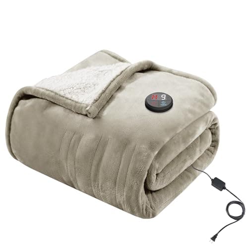 GOTCOZY Heated Blanket Electric Throw 50''X60''- Electric Throw Blanket with One Touch Button 10 Heating Level & 9 Time Settings Heating Blanket, Machine Washable (Khaki)