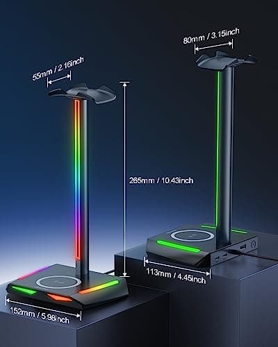 New Bee RGB Headphone Stand with 2 USB-C & 1 USB Charging Ports, Desk Gaming Headset Holder with 7 Light Modes and Non-Slip Rubber Base Suitable for All Earphone Accessories 4