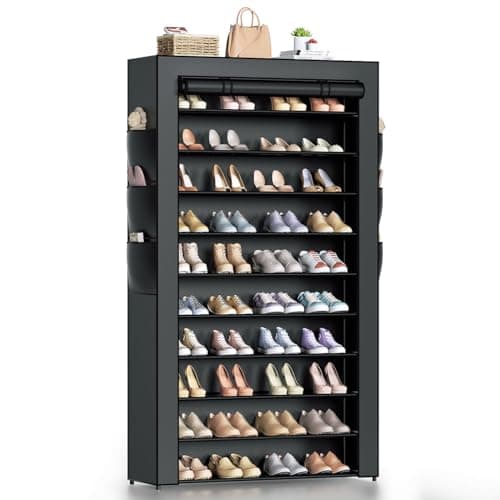 Bonkiss 10+1tier Large Metal Shoe Shelf, Tall Stackable Shoe Rack with Covers, Holds 50-55 Pairs, Sturdy Storage Organizer for Entryway Garage (Black)