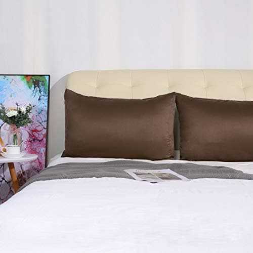 uxcell 2 Pack Silk Satin Pillowcase for Hair and Skin, Cool, Silky, Soft Breathable Pillow Cases Standard Size 20x26 Inch Sateen Pillowcase Brown with Envelope Closure 9
